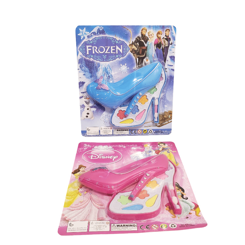 Shoe-shaped assorted makeup kit for baby girls in random colors – kids pretend makeup toy set.