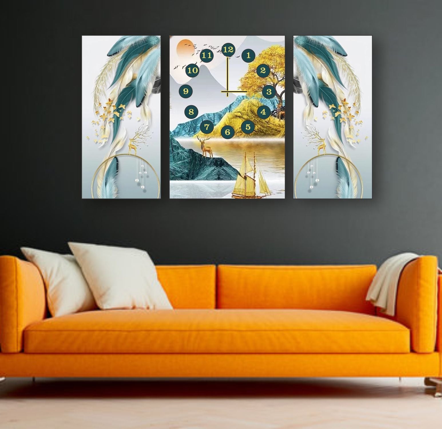 Alt Text:
Golden Horizon 3 piece wooden wall clock set 12x16 clock 8x16 frames abstract feather panels home décor Pakistan