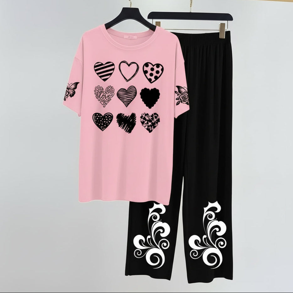 Pink and black women printed night suit jersey fabric comfortable sleepwear